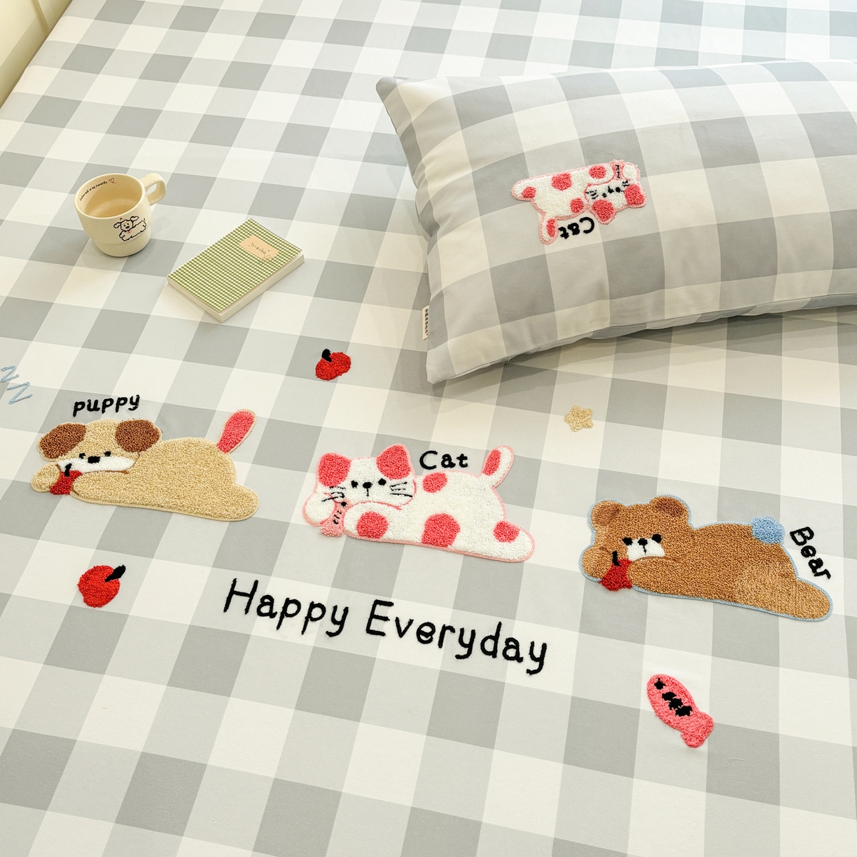 91家纺网 家纺一手货源 找家纺 雅居纺家纺 2026新款毛巾绣全棉纯棉老粗布席子凉席床笠床单 灰格趴趴宠