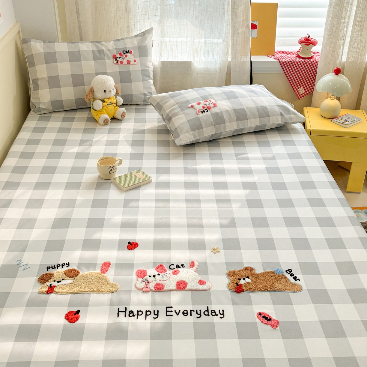 91家纺网 家纺一手货源 找家纺 雅居纺家纺 2026新款毛巾绣全棉纯棉老粗布席子凉席床笠床单 灰格趴趴宠