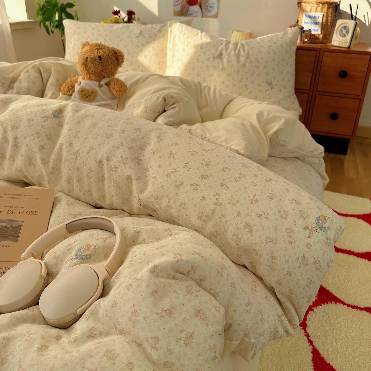 91家纺网 家纺一手货源 找家纺 耀悦家纺 2026新款全棉纯棉a类双层纱小清新四件套 南山小兔