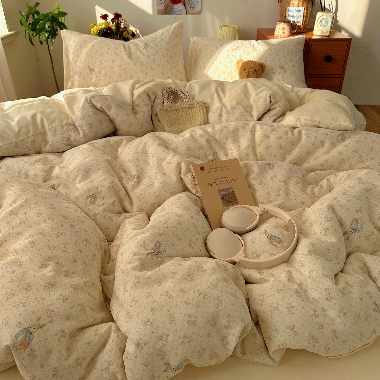 91家纺网 家纺一手货源 找家纺 耀悦家纺 2026新款全棉纯棉a类双层纱小清新四件套 南山小兔