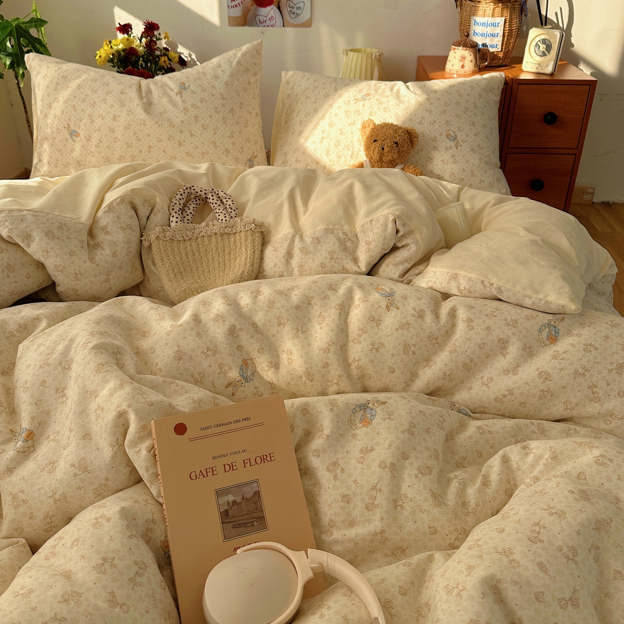 91家纺网 家纺一手货源 找家纺 耀悦家纺 2026新款全棉纯棉a类双层纱小清新四件套 南山小兔