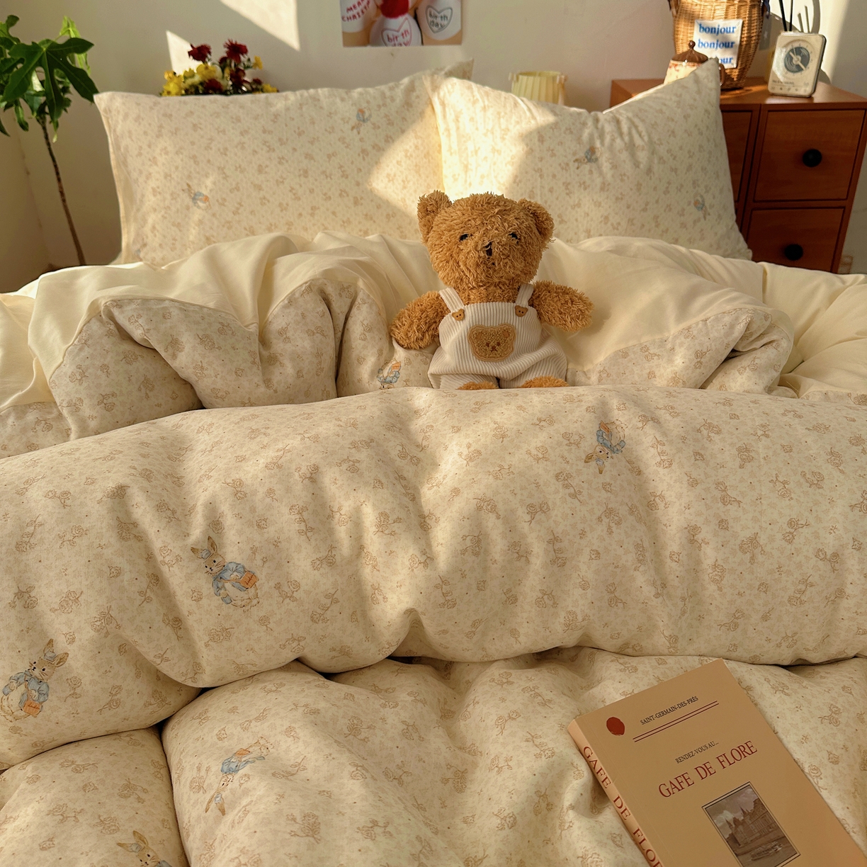 91家纺网 家纺一手货源 找家纺 耀悦家纺 2026新款全棉纯棉a类双层纱小清新四件套 南山小兔