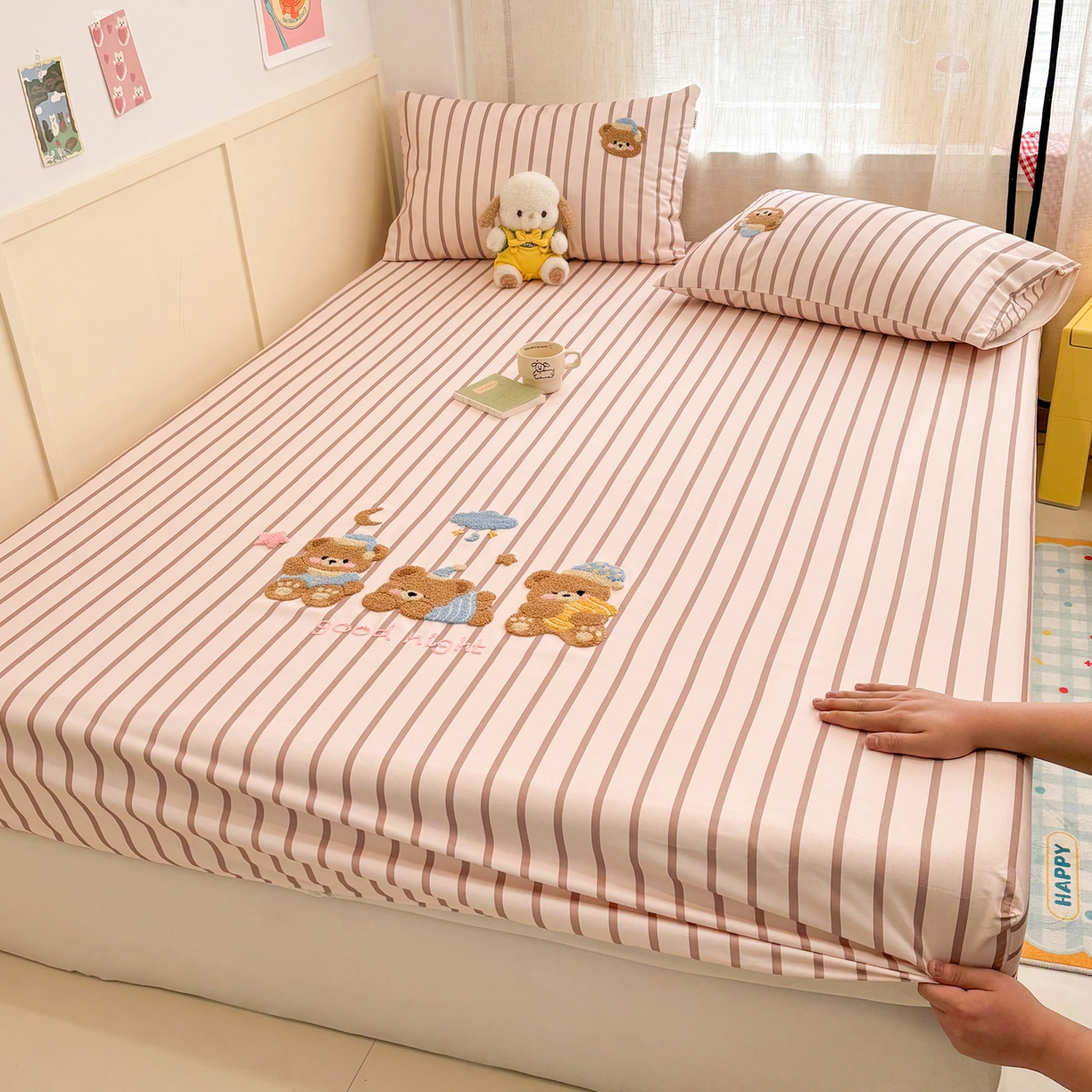 雅居纺家纺 2026新款毛巾绣全棉纯棉老粗布席子凉席床笠床单 咖条小熊