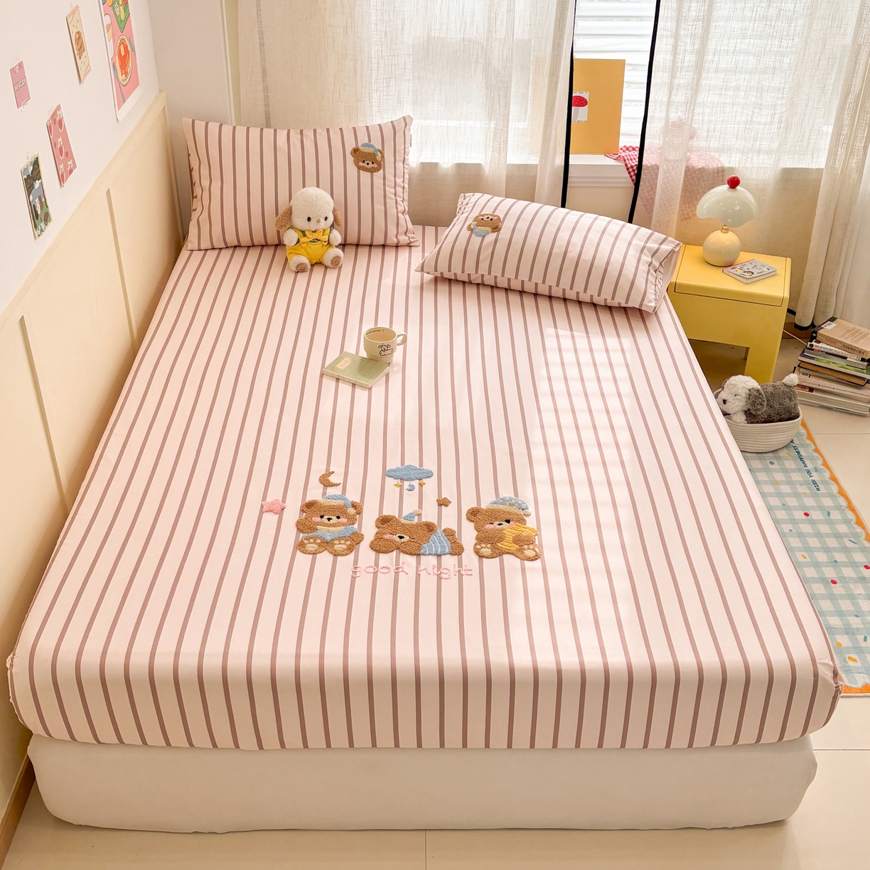 91家纺网 家纺一手货源 找家纺 雅居纺家纺 2026新款毛巾绣全棉纯棉老粗布席子凉席床笠床单 咖条小熊