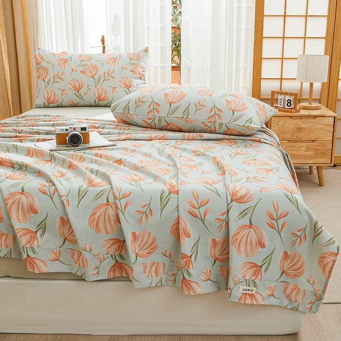 91家纺网 家纺一手货源 找家纺 大元 2026新款全棉纯棉老粗布凉席席子单床单 床单单件 花间物语