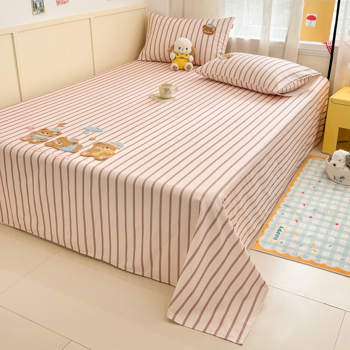 91家纺网 家纺一手货源 找家纺 雅居纺家纺 2026新款毛巾绣全棉纯棉老粗布席子凉席床笠床单 咖条小熊