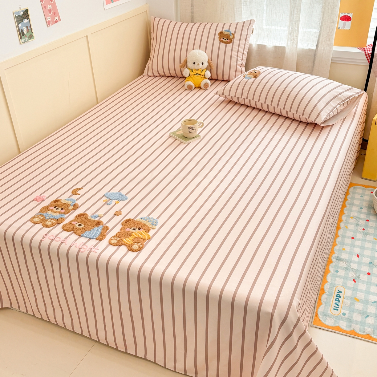 91家纺网 家纺一手货源 找家纺 雅居纺家纺 2026新款毛巾绣全棉纯棉老粗布席子凉席床笠床单 咖条小熊