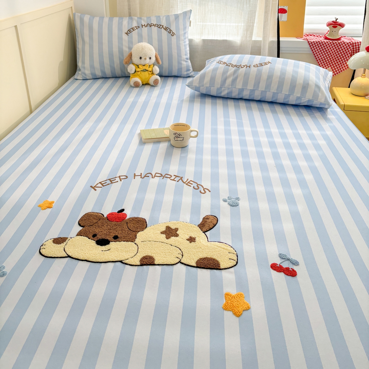 91家纺网 家纺一手货源 找家纺 雅居纺家纺 2026新款毛巾绣全棉纯棉老粗布席子凉席床笠床单 蓝条睡睡狗