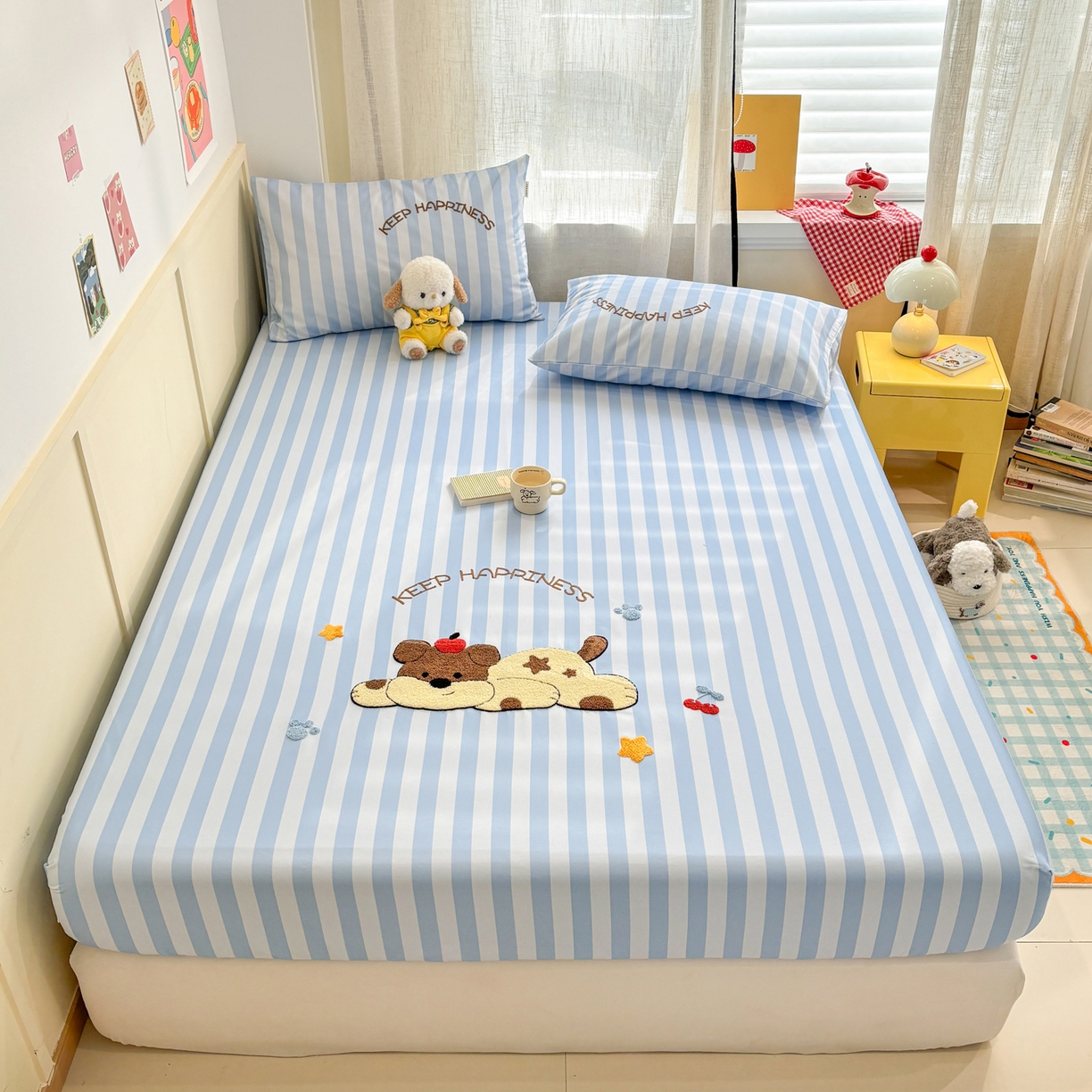 91家纺网 家纺一手货源 找家纺 雅居纺家纺 2026新款毛巾绣全棉纯棉老粗布席子凉席床笠床单 蓝条睡睡狗