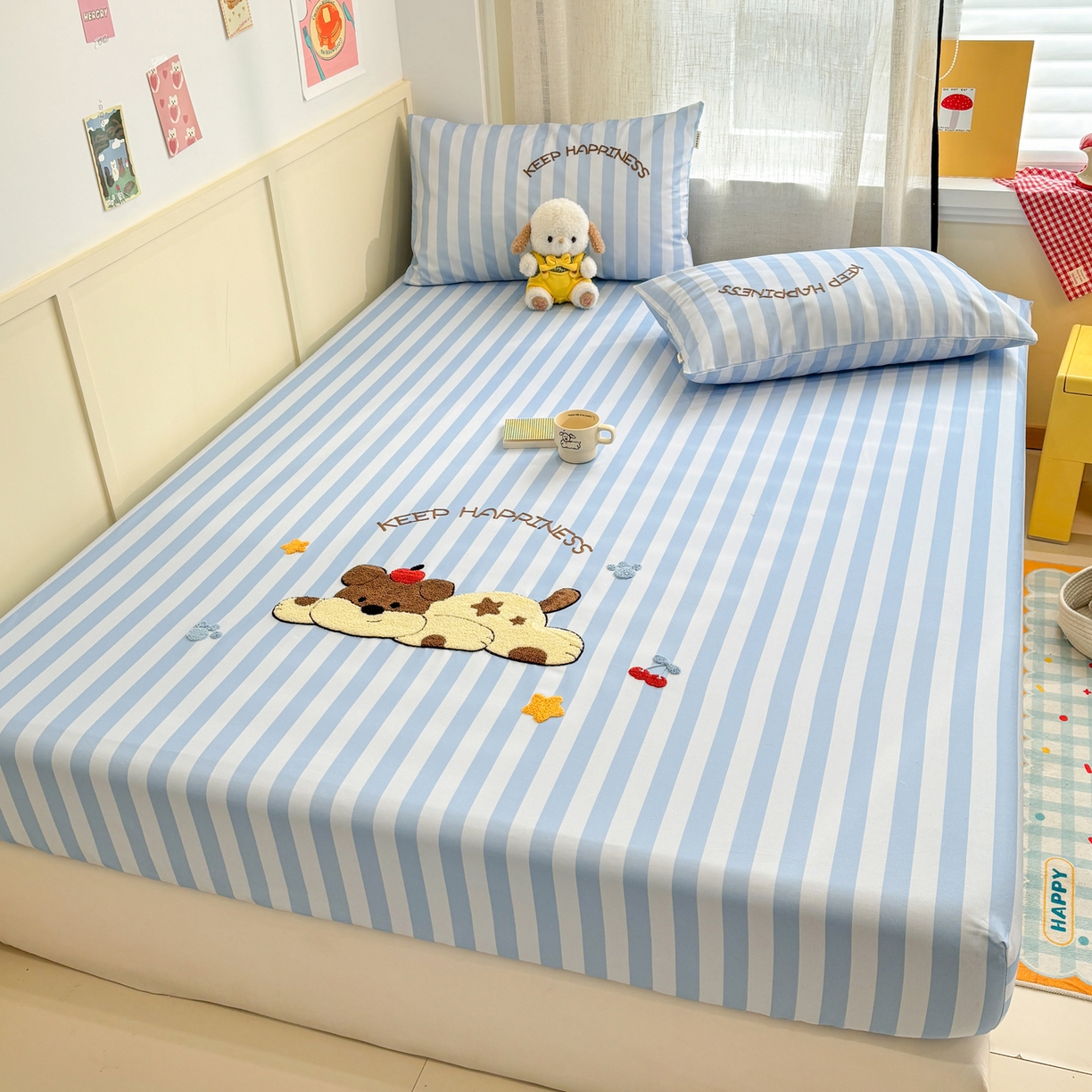 91家纺网 家纺一手货源 找家纺 雅居纺家纺 2026新款毛巾绣全棉纯棉老粗布席子凉席床笠床单 蓝条睡睡狗