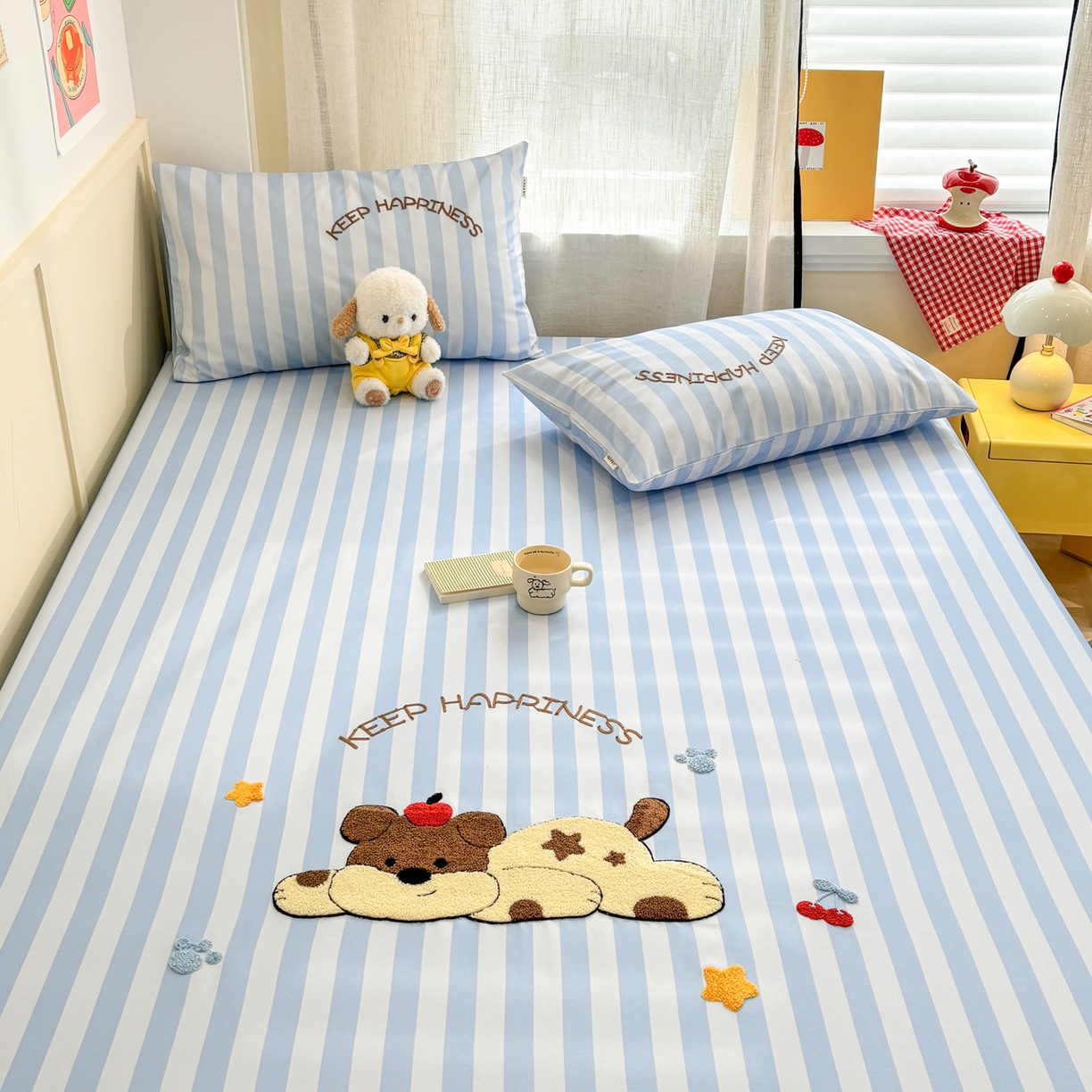 91家纺网 家纺一手货源 找家纺 雅居纺家纺 2026新款毛巾绣全棉纯棉老粗布席子凉席床笠床单 蓝条睡睡狗