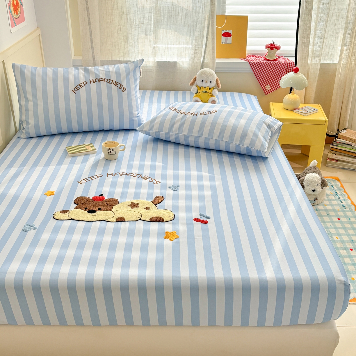 91家纺网 家纺一手货源 找家纺 雅居纺家纺 2026新款毛巾绣全棉纯棉老粗布席子凉席床笠床单 蓝条睡睡狗