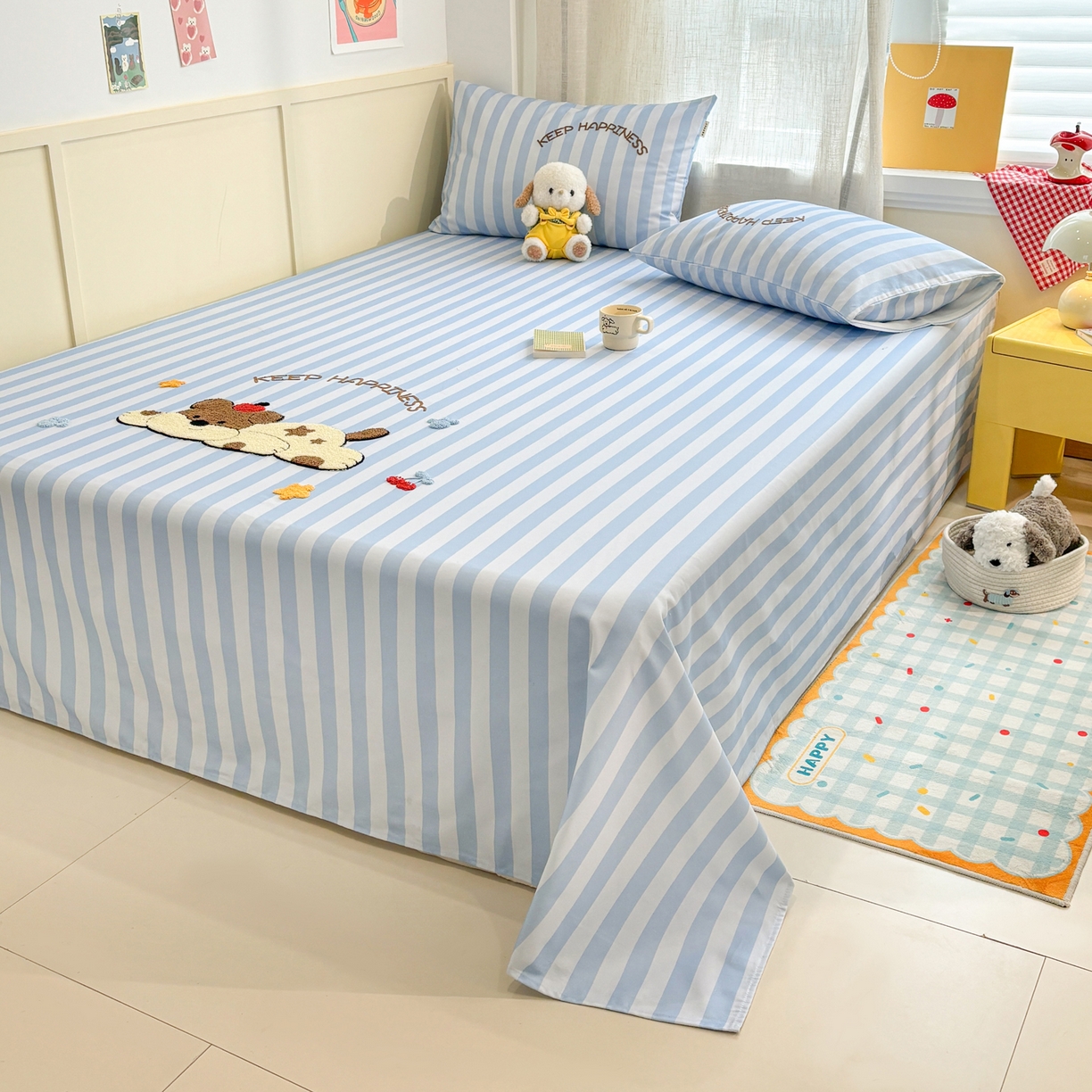 91家纺网 家纺一手货源 找家纺 雅居纺家纺 2026新款毛巾绣全棉纯棉老粗布席子凉席床笠床单 蓝条睡睡狗