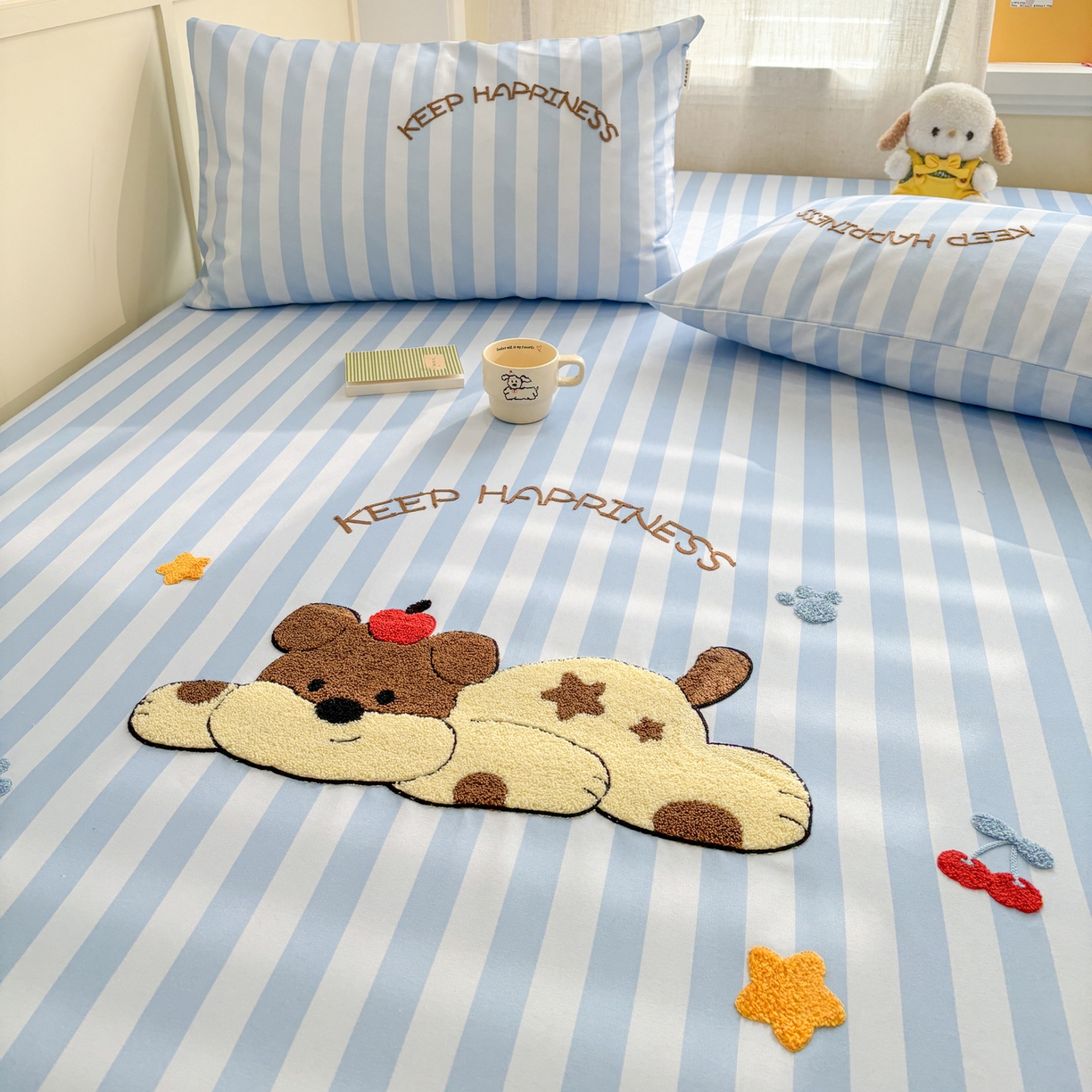 91家纺网 家纺一手货源 找家纺 雅居纺家纺 2026新款毛巾绣全棉纯棉老粗布席子凉席床笠床单 蓝条睡睡狗