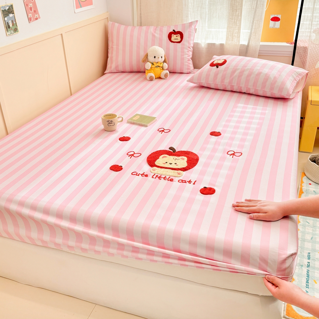 雅居纺家纺 2026新款毛巾绣全棉纯棉老粗布席子凉席床笠床单 苹安猫咪