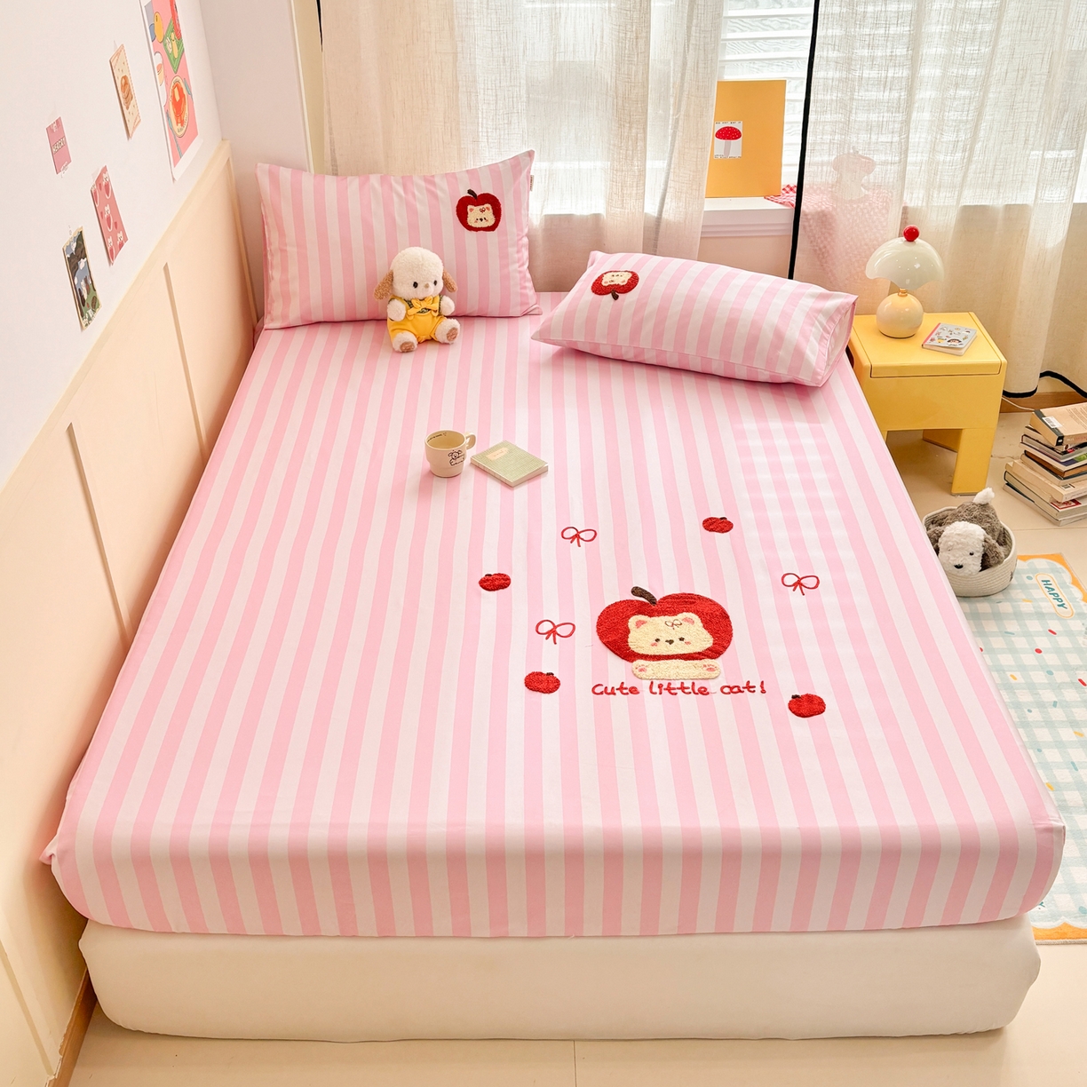 91家纺网 家纺一手货源 找家纺 雅居纺家纺 2026新款毛巾绣全棉纯棉老粗布席子凉席床笠床单 苹安猫咪