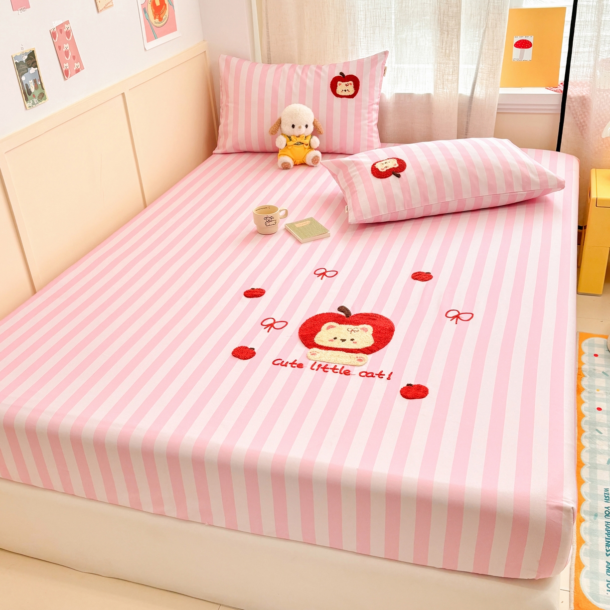 91家纺网 家纺一手货源 找家纺 雅居纺家纺 2026新款毛巾绣全棉纯棉老粗布席子凉席床笠床单 苹安猫咪