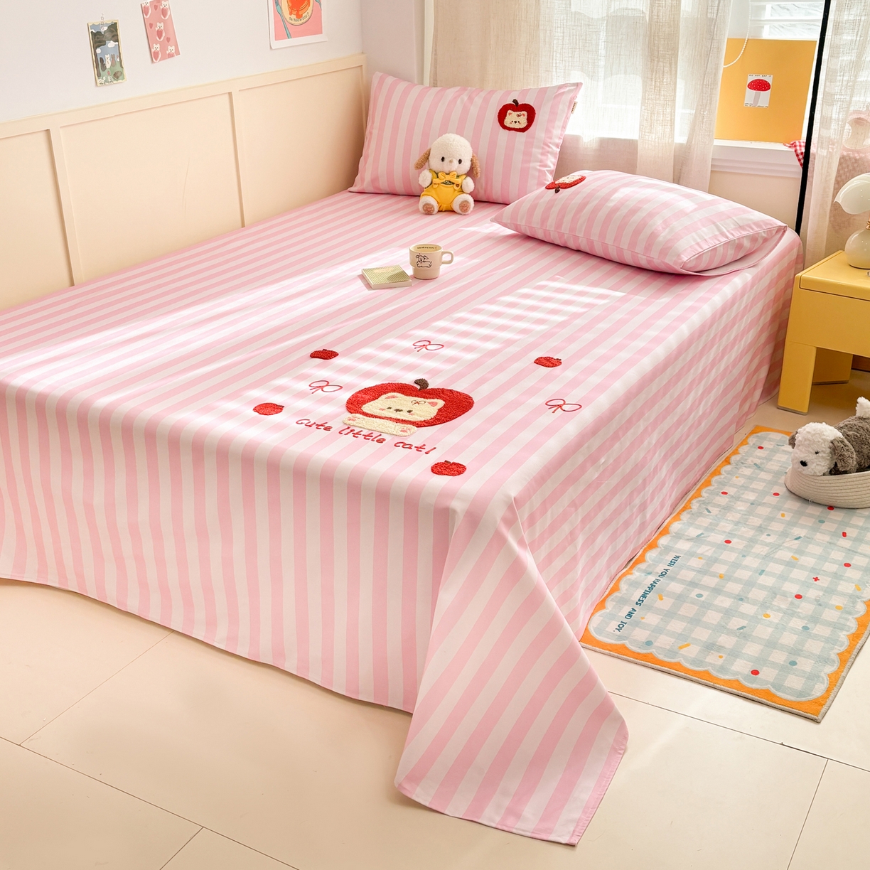 91家纺网 家纺一手货源 找家纺 雅居纺家纺 2026新款毛巾绣全棉纯棉老粗布席子凉席床笠床单 苹安猫咪