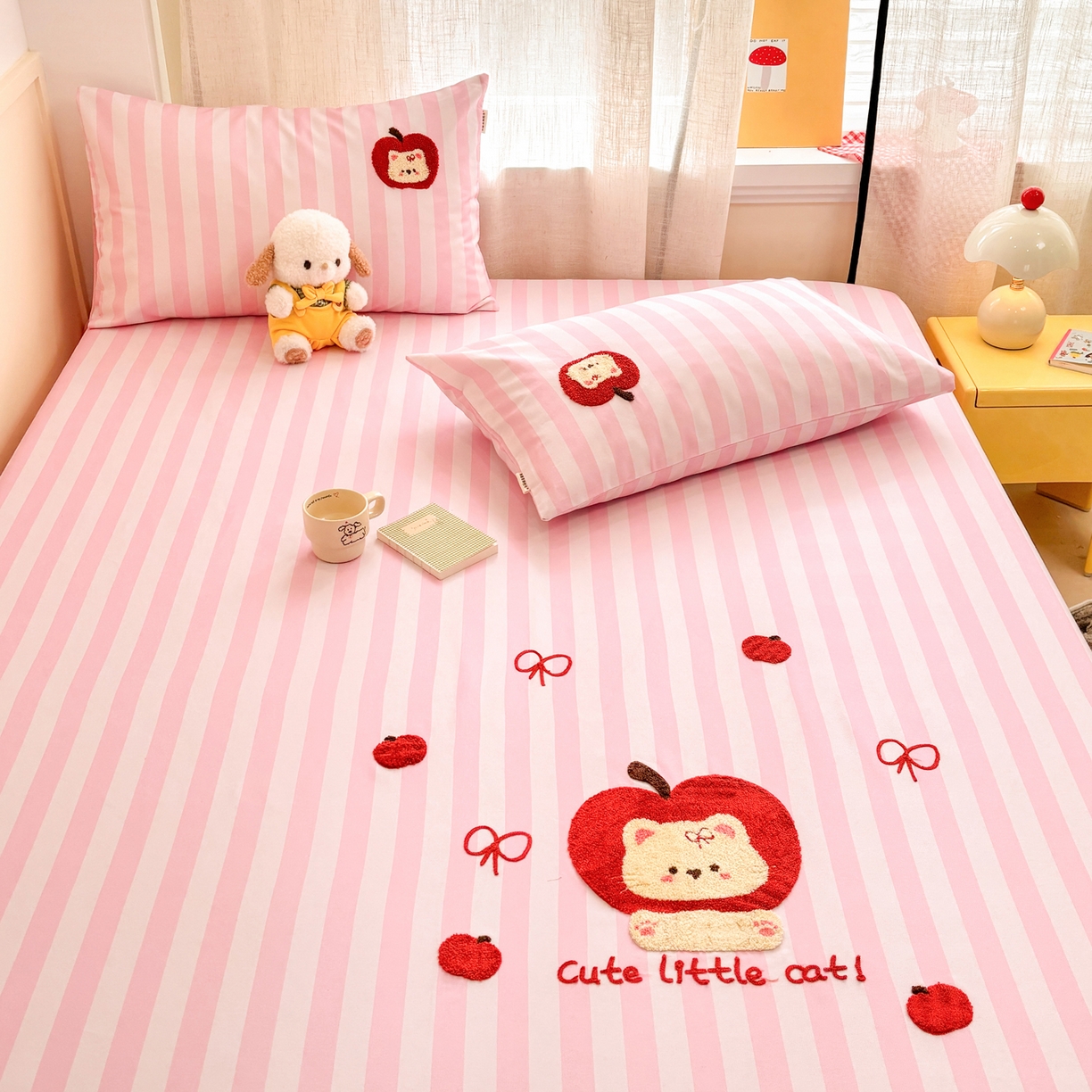 91家纺网 家纺一手货源 找家纺 雅居纺家纺 2026新款毛巾绣全棉纯棉老粗布席子凉席床笠床单 苹安猫咪