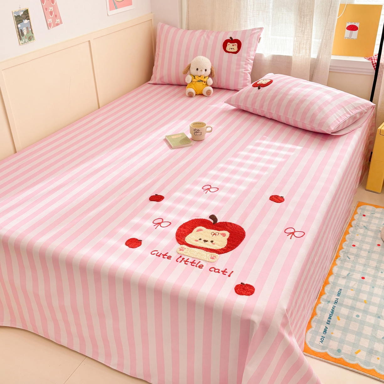 91家纺网 家纺一手货源 找家纺 雅居纺家纺 2026新款毛巾绣全棉纯棉老粗布席子凉席床笠床单 苹安猫咪