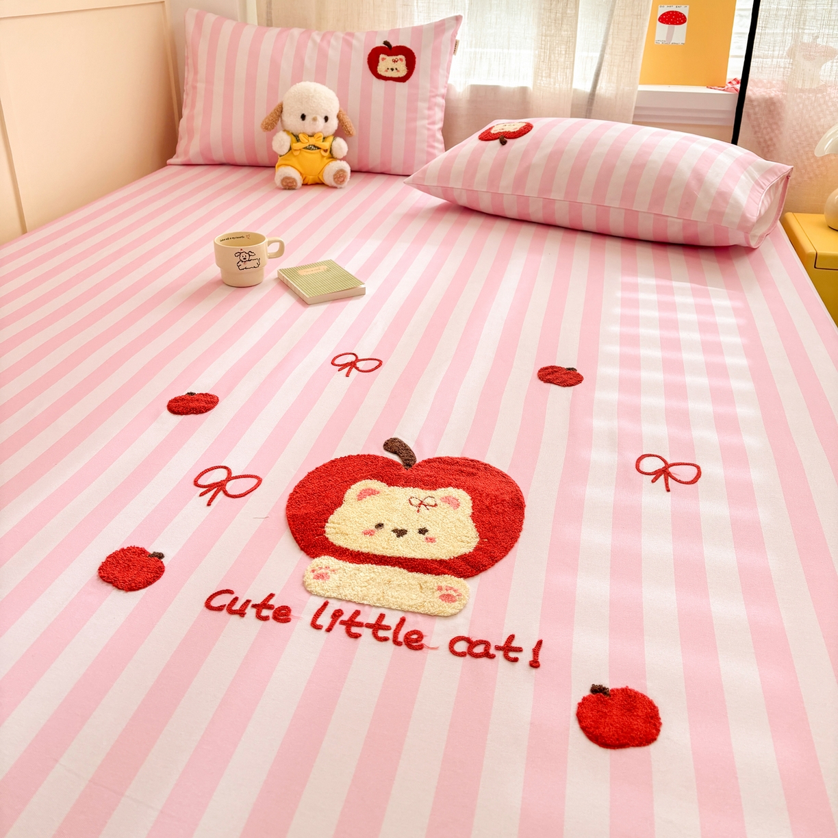 91家纺网 家纺一手货源 找家纺 雅居纺家纺 2026新款毛巾绣全棉纯棉老粗布席子凉席床笠床单 苹安猫咪