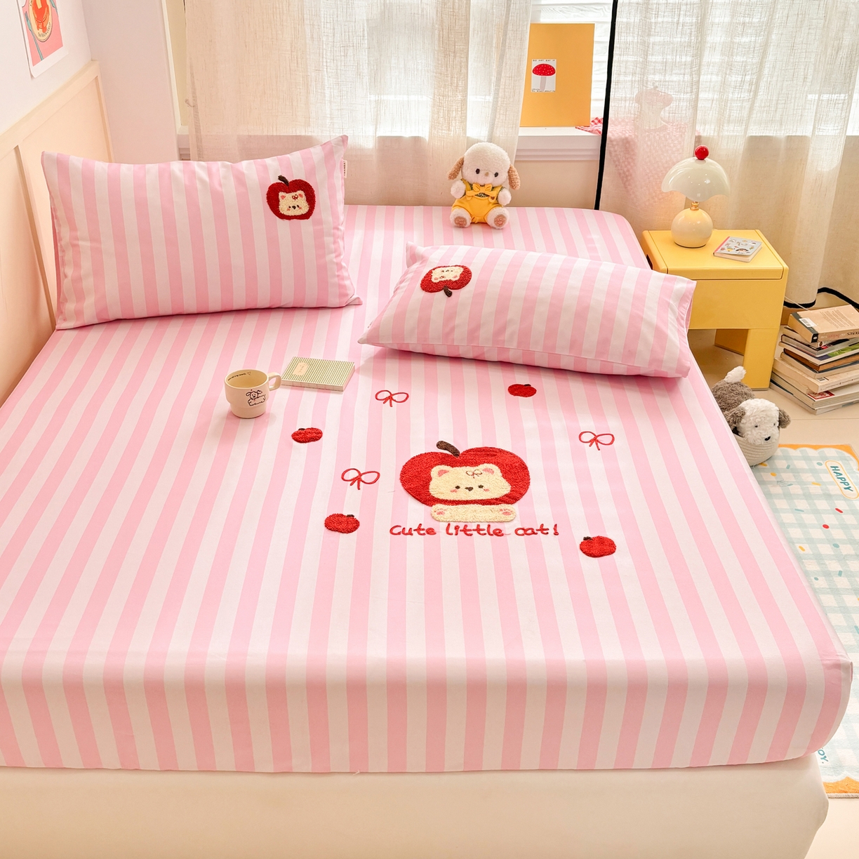 91家纺网 家纺一手货源 找家纺 雅居纺家纺 2026新款毛巾绣全棉纯棉老粗布席子凉席床笠床单 苹安猫咪