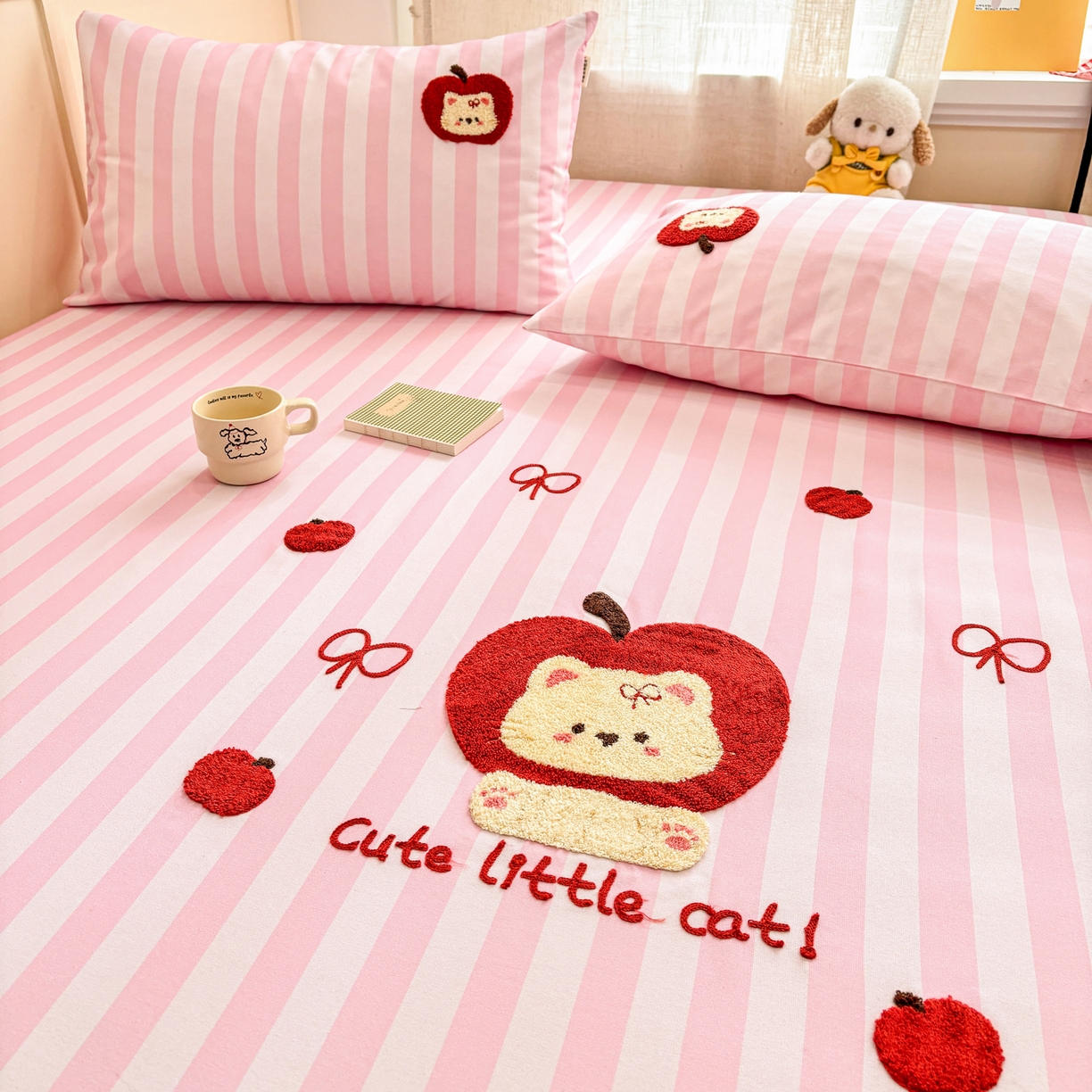 91家纺网 家纺一手货源 找家纺 雅居纺家纺 2026新款毛巾绣全棉纯棉老粗布席子凉席床笠床单 苹安猫咪