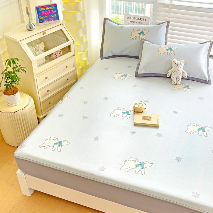 91家纺网 家纺一手货源 找家纺 金盛纺 2025新款A类数码印花冰丝席-床笠款北极熊