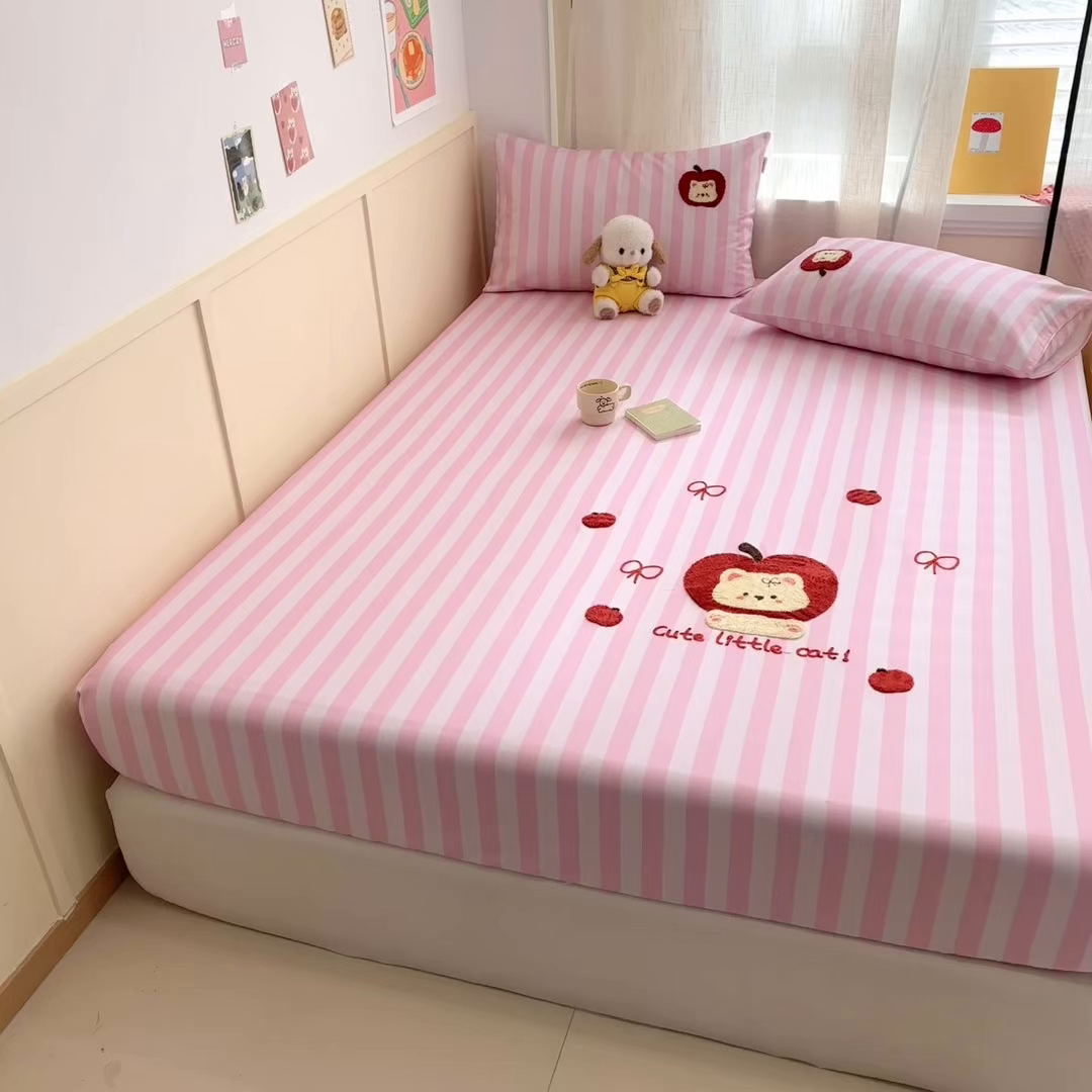 91家纺网 家纺一手货源 找家纺 雅居纺家纺 2026新款毛巾绣全棉纯棉老粗布席子凉席床笠床单 苹安猫咪