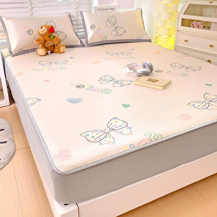 91家纺网 家纺一手货源 找家纺 金盛纺 2025新款A类数码印花冰丝席-床笠款蝴蝶结