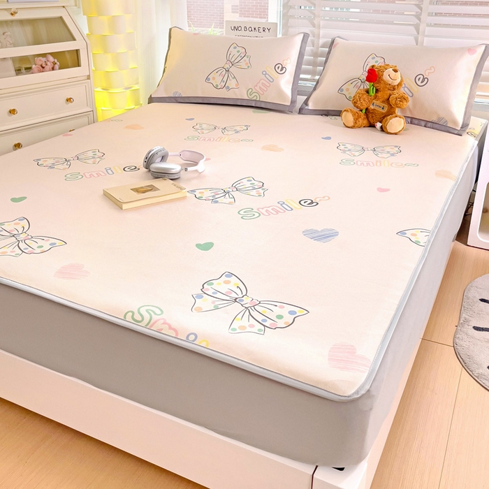 91家纺网 家纺一手货源 找家纺 金盛纺 2025新款A类数码印花冰丝席-床笠款蝴蝶结