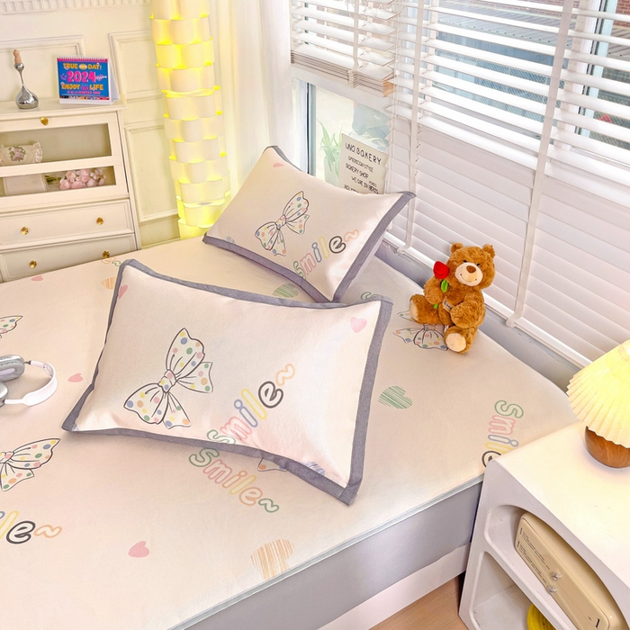 91家纺网 家纺一手货源 找家纺 金盛纺 2025新款A类数码印花冰丝席-床笠款蝴蝶结