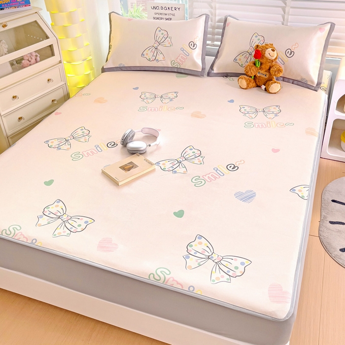 91家纺网 家纺一手货源 找家纺 金盛纺 2025新款A类数码印花冰丝席-床笠款蝴蝶结