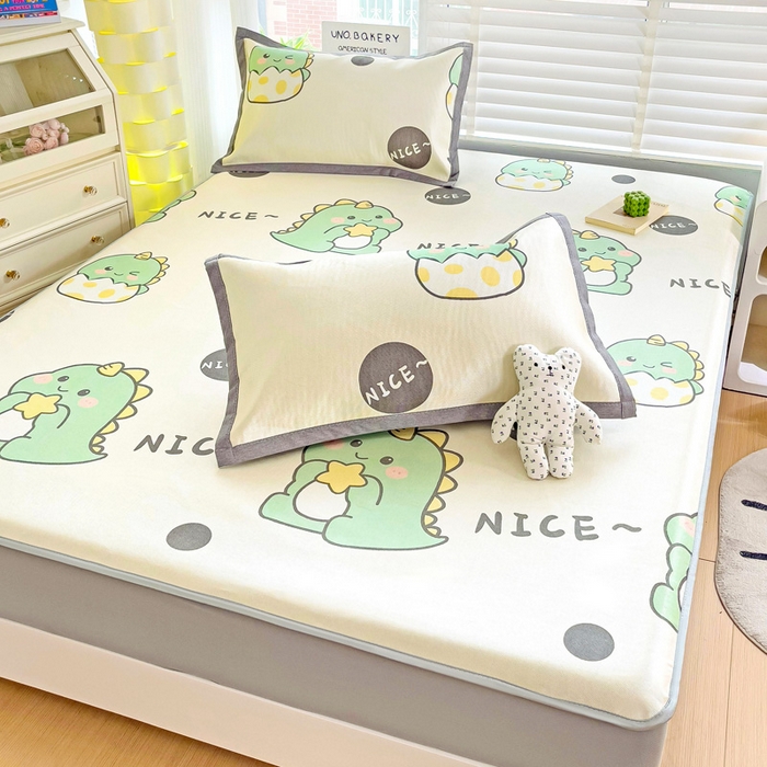 91家纺网 家纺一手货源 找家纺 金盛纺 2025新款A类数码印花冰丝席-床笠款萌恐龙