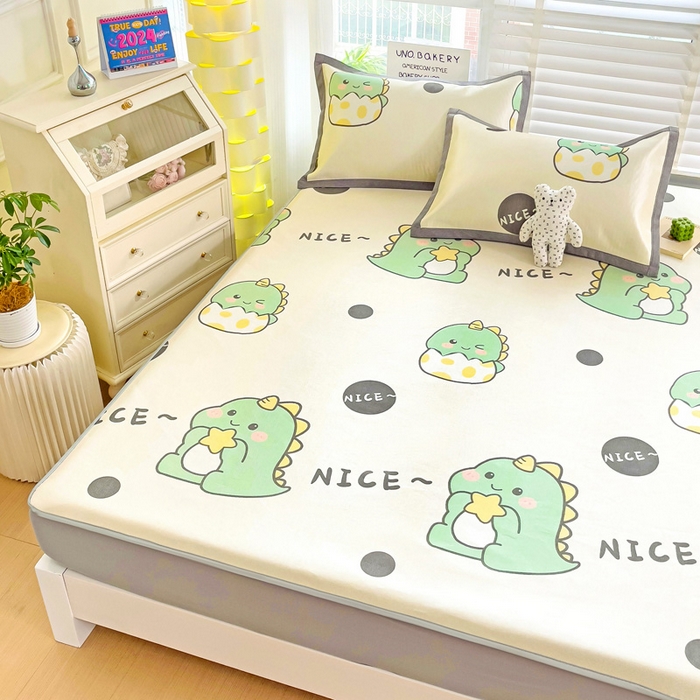 91家纺网 家纺一手货源 找家纺 金盛纺 2025新款A类数码印花冰丝席-床笠款萌恐龙