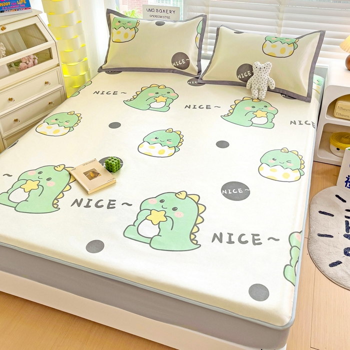 91家纺网 家纺一手货源 找家纺 金盛纺 2025新款A类数码印花冰丝席-床笠款萌恐龙