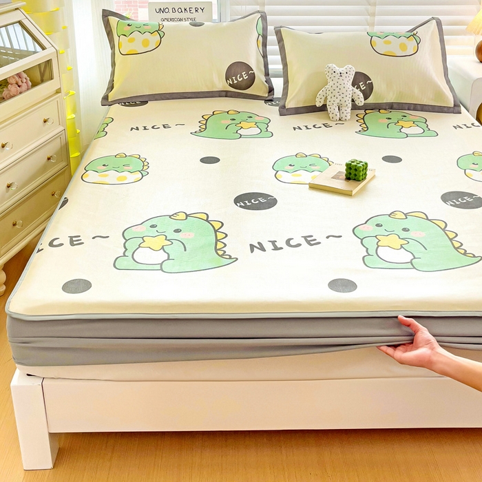 91家纺网 家纺一手货源 找家纺 金盛纺 2025新款A类数码印花冰丝席-床笠款萌恐龙