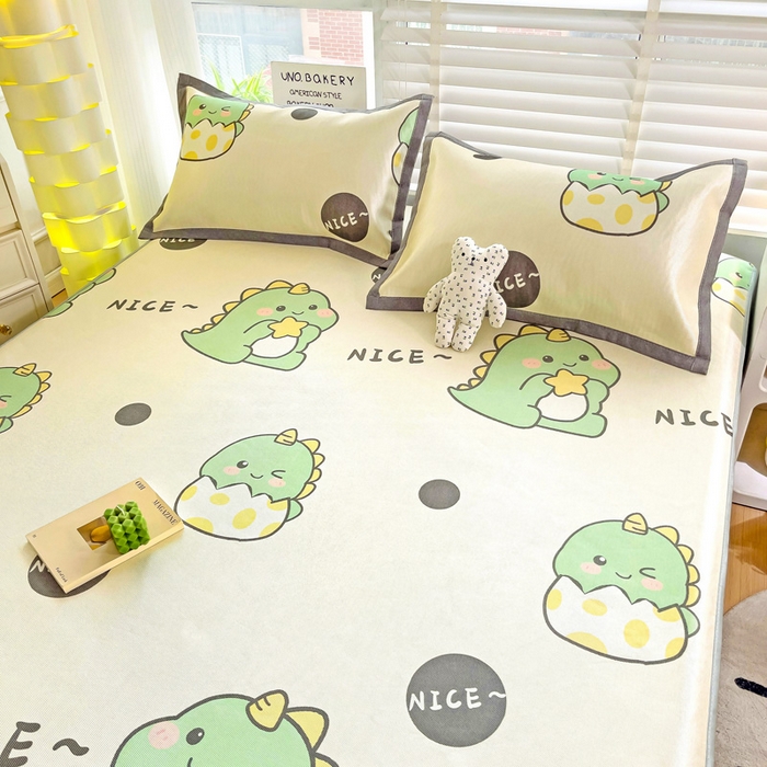 91家纺网 家纺一手货源 找家纺 金盛纺 2025新款A类数码印花冰丝席-床笠款萌恐龙