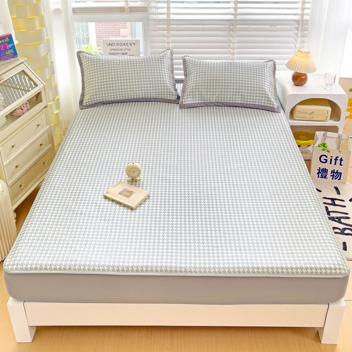 金盛纺 2025新款A类数码印花冰丝席-床笠款千鸟格-灰