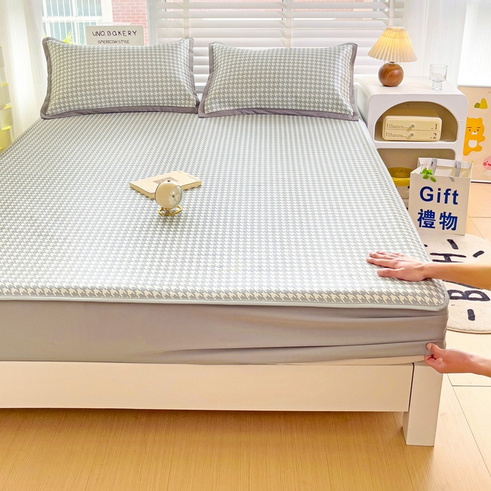 91家纺网 家纺一手货源 找家纺 金盛纺 2025新款A类数码印花冰丝席-床笠款千鸟格-灰