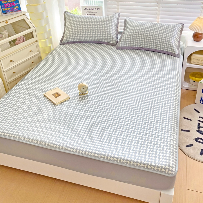 91家纺网 家纺一手货源 找家纺 金盛纺 2025新款A类数码印花冰丝席-床笠款千鸟格-灰