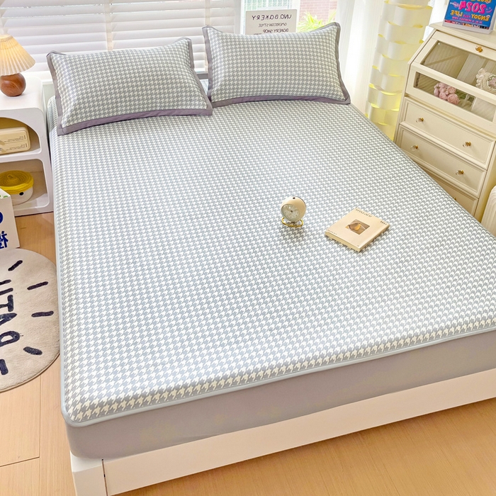 91家纺网 家纺一手货源 找家纺 金盛纺 2025新款A类数码印花冰丝席-床笠款千鸟格-灰