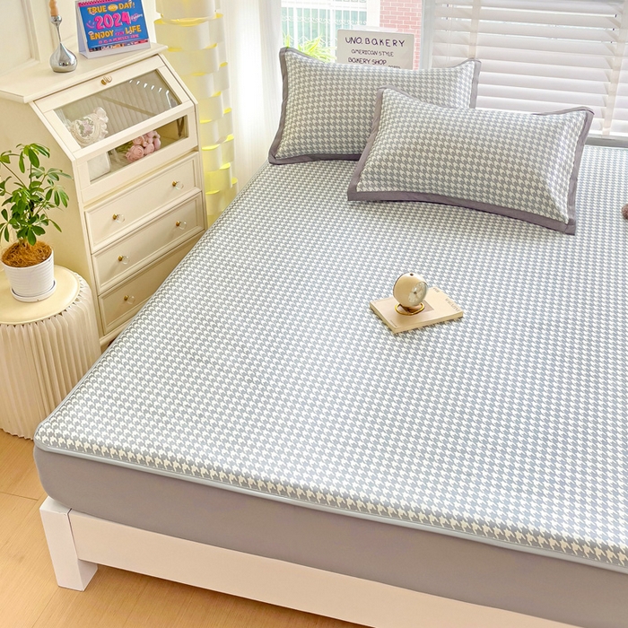 91家纺网 家纺一手货源 找家纺 金盛纺 2025新款A类数码印花冰丝席-床笠款千鸟格-灰