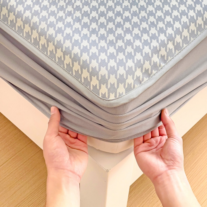 91家纺网 家纺一手货源 找家纺 金盛纺 2025新款A类数码印花冰丝席-床笠款千鸟格-灰