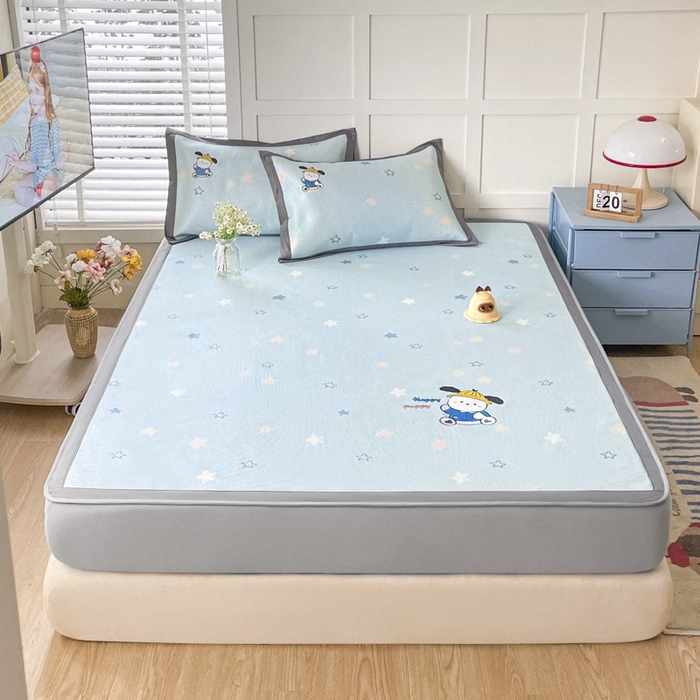 91家纺网 家纺一手货源 找家纺 雅居纺家纺 2026新款A类加厚三明治底绣花冰藤席床笠款凉席席子 动感小狗