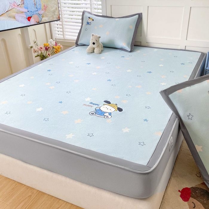 91家纺网 家纺一手货源 找家纺 雅居纺家纺 2026新款A类加厚三明治底绣花冰藤席床笠款凉席席子 动感小狗