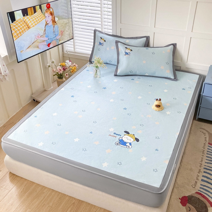 91家纺网 家纺一手货源 找家纺 雅居纺家纺 2026新款A类加厚三明治底绣花冰藤席床笠款凉席席子 动感小狗