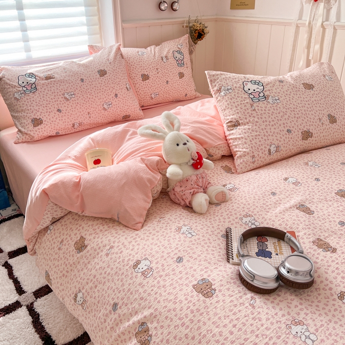 91家纺网 家纺一手货源 找家纺 妖妖家纺  2026小清新软糯双层纱刺绣四件套 豹豹猫甜心粉-刺绣