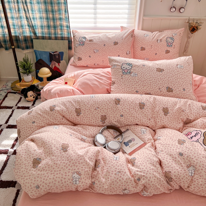 91家纺网 家纺一手货源 找家纺 妖妖家纺  2026小清新软糯双层纱刺绣四件套 豹豹猫甜心粉-刺绣