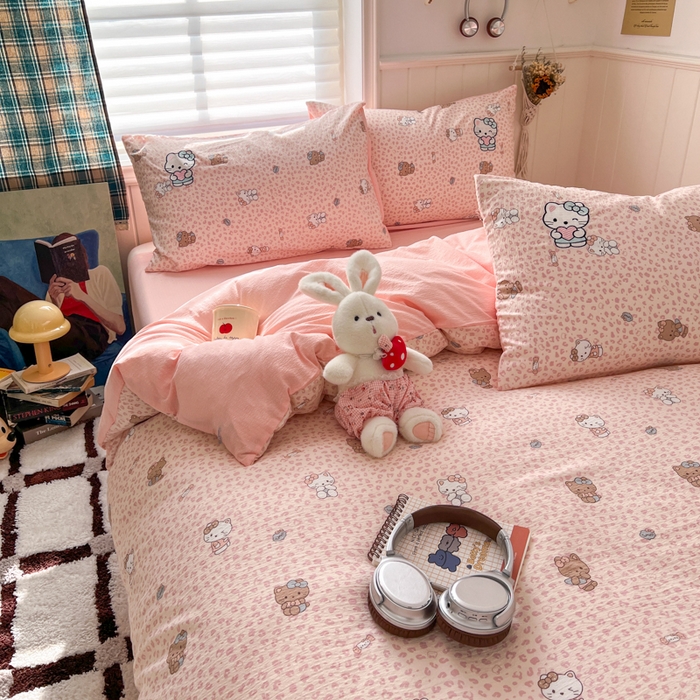 91家纺网 家纺一手货源 找家纺 妖妖家纺  2026小清新软糯双层纱刺绣四件套 豹豹猫甜心粉-刺绣